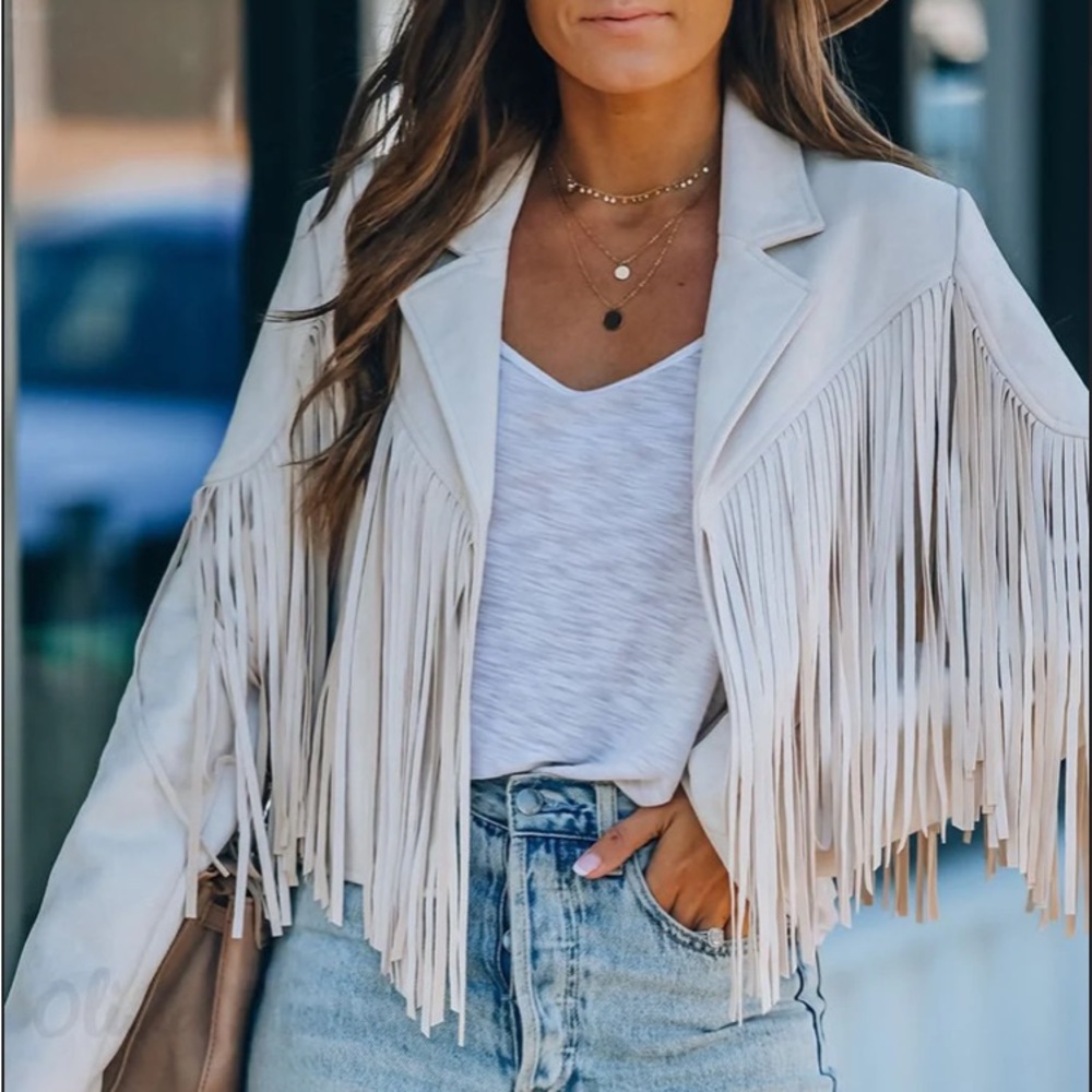 boho tassel women faux suede fringe jacket blazer - Picture 2 of 5